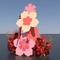 Decorative Ornament Set With Flower Shaped Pink Red Beige Elements And Floral Decorations
