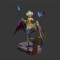 Game Movie Character With Colorful Wings Crown And Blue Bird On Stone Platform
