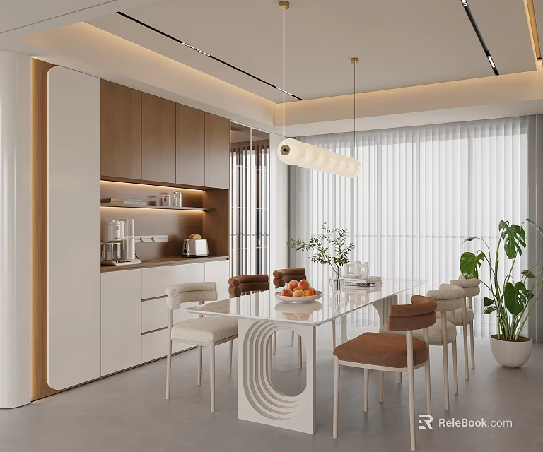 Modern Restaurant Interior With Pendant Lights Glass Dining Table Brown Chairs And Green Plants 3d model 