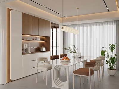Modern Restaurant Interior With Pendant Lights Glass Dining Table Brown Chairs And Green Plants 3d model