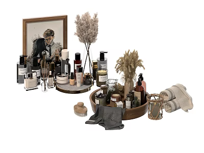 Perfume and Cosmetics Display with Decorative Trays Dried Flowers and Stylish Bottles 3d model