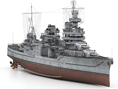 Vintage Warship Model Featuring Gray Hull Red Bottom Towers And Masts 3d model