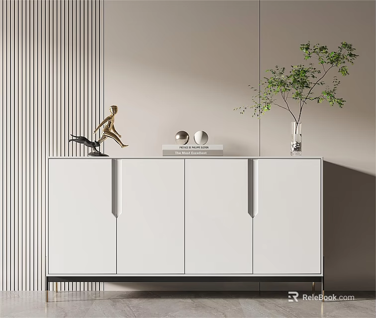 Modern White Console Cabinet With Decorative Sculptures Books And Green Plant Against Striped Wall Interior 3d model 