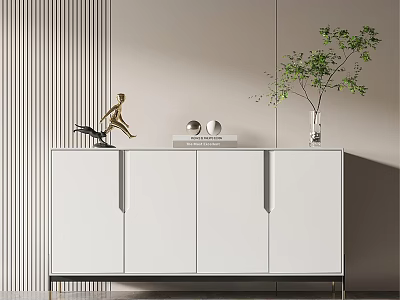 Modern White Console Cabinet With Decorative Sculptures Books And Green Plant Against Striped Wall Interior 3d model
