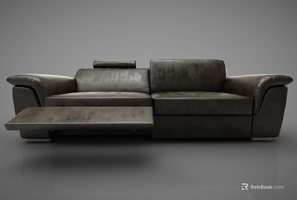 Comfortable Modern Dark Gray Leather Two Seater Sofa With Extendable Footrest 3d model