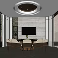Modern Restaurant Interior With Round Table Chairs TV Windows Blinds Stone Wall And Ceiling Light