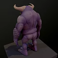 Purple Horned Creature with Bulging Belly and Scaly Arms in Three Views on Display Stand