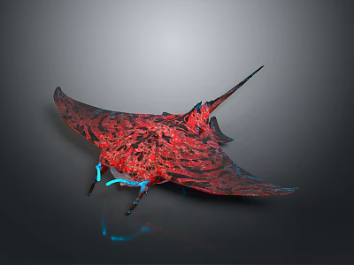 Red Manta Ray Like Fantasy Creature With Black Patterns And Blue Glowing Parts 3d model