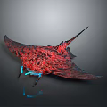 Red Manta Ray Like Fantasy Creature With Black Patterns And Blue Glowing Parts