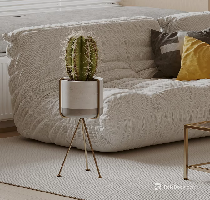 Cactus Bonsai Plant In White Pot With Gold Stand Near White Sofa And Colorful Pillows 3d model 