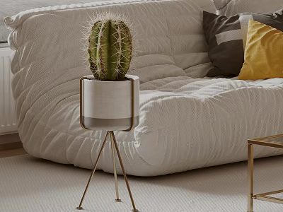 Cactus Bonsai Plant In White Pot With Gold Stand Near White Sofa And Colorful Pillows 3d model