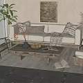 Cozy Beige Sofa And Wooden Coffee Table Set With Decorative Pillows And Plants