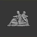 White Mermaid Sculptures Sitting Together With One Playing Instrument And Another Hugging Knees