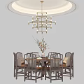 Round Wooden Dining Table Set with Eight Chairs Tableware and Flower Vase 3d model