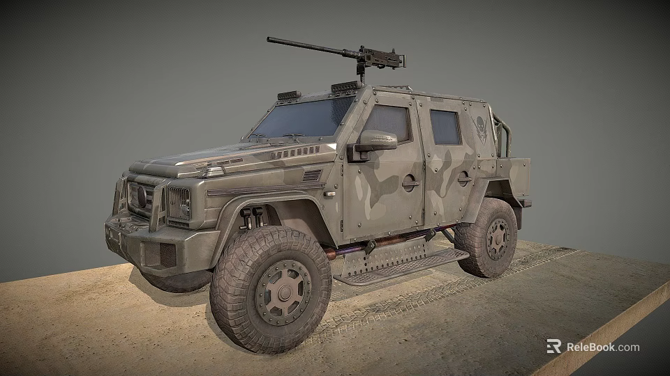 Military Style Armored Off Road Vehicle With Camouflage Paint And Roof Mounted Machine Gun 3d model 