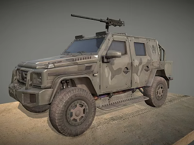 Military Style Armored Off Road Vehicle With Camouflage Paint And Roof Mounted Machine Gun 3d model