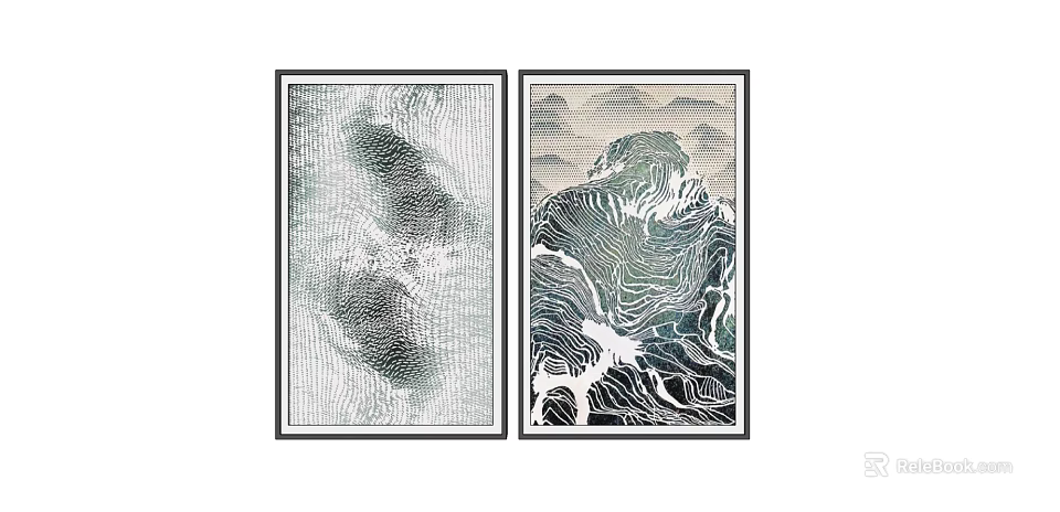 Two Panel Framed Wall Art With Mountain Landscape Wave Linear Design 3d model 