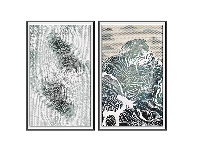 Two Panel Framed Wall Art With Mountain Landscape Wave Linear Design 3d model
