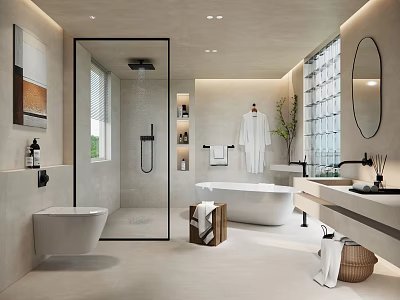 Elegant Modern Bathroom Interior With Freestanding Bathtub Glass Shower And Vanity 3d model