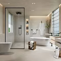 Elegant Modern Bathroom Interior With Freestanding Bathtub Glass Shower And Vanity