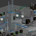 Industrial Plant Exterior Featuring Factory Buildings Chimney Tall Tower Pipes Storage Tanks and Green Areas