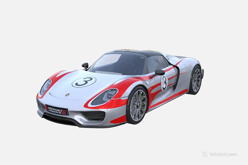White Porsche Race Car With Number 3 And Red Stripes Exterior Design 3d model 