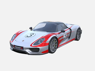 White Porsche Race Car With Number 3 And Red Stripes Exterior Design 3d model