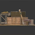 Traditional Market Stall Display With Wooden Crates Clay Pot Bananas And Woven Straw