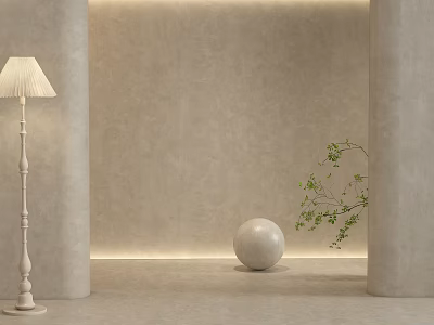 Modern Minimalist Beige Wall Paneling with Soft Lighting Decorative Sphere and Green Plant 3d model