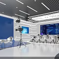 Modern Tech Studio Interior With White Conference Table Black Chairs Blue Screens And Lighting Equipment