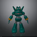 Green Metallic Robot Character With Orange Joint Rings And Red Chest Logo