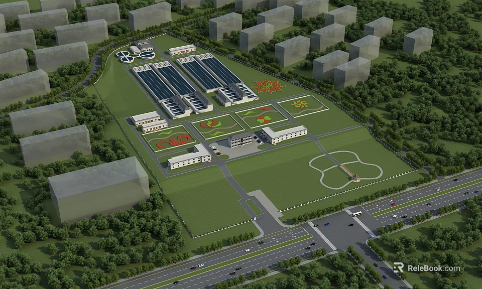 Industrial Factory Complex Layout Featuring Multiple Buildings Green Areas Roads And Facilities 3d model 