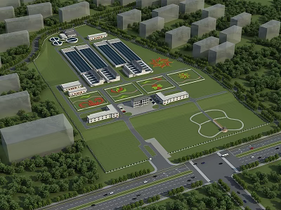 Industrial Factory Complex Layout Featuring Multiple Buildings Green Areas Roads And Facilities 3d model