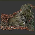 Cartoon Scene With Red Autumn Leaves Covered Ground Rock Moss And Green Plants