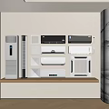 Different Types of Air Conditioners and Fans on Wall Shelf in Modern Interior