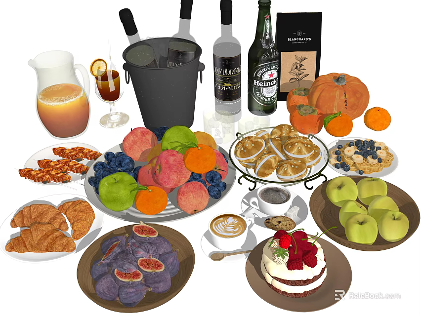 Assorted Fresh Fruits Pastries Cakes Nuts And Beverages Including Coffee Juice And Wine 3d model 