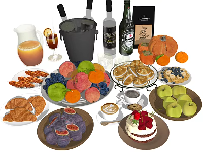 Assorted Fresh Fruits Pastries Cakes Nuts And Beverages Including Coffee Juice And Wine 3d model