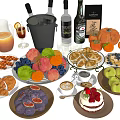 Assorted Fresh Fruits Pastries Cakes Nuts And Beverages Including Coffee Juice And Wine