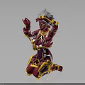Futuristic Fantasy Character With Red Yellow Armor Intricate Ornaments White Headdress In Kneeling Pose