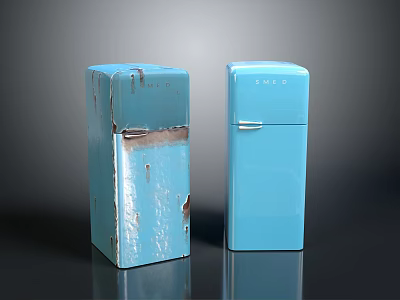 Vintage And New Blue Electronic Refrigerators Showing Worn And Modern Finishes 3d model