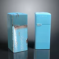 Vintage And New Blue Electronic Refrigerators Showing Worn And Modern Finishes