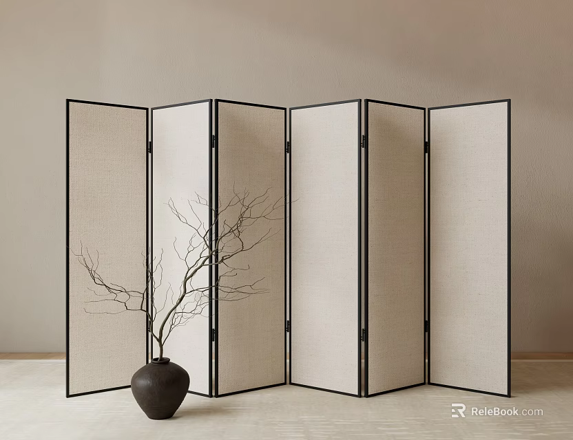 Minimalist Foldable Room Divider With Linen Panels Black Frame And Vase With Branch 3d model 