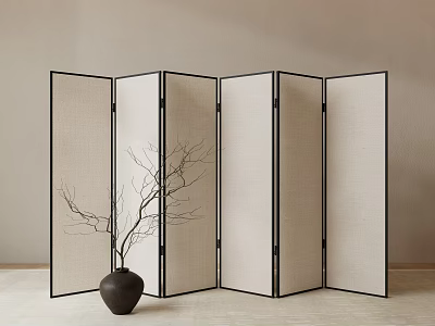 Minimalist Foldable Room Divider With Linen Panels Black Frame And Vase With Branch 3d model