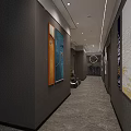 Elegant Tea House Corridor Interior With Gray Walls Decorative Paintings Round Mirror And Lighting Strips