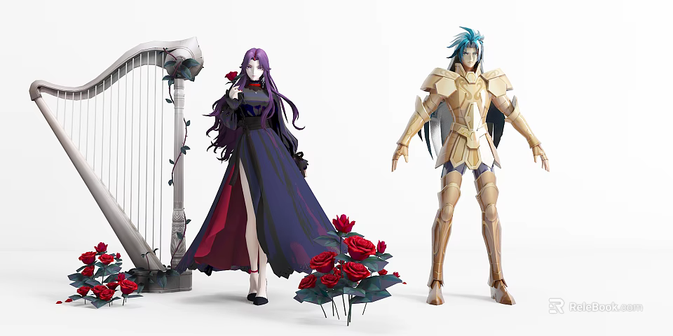Game Movie Characters Purple Hair Female Dark Gown Blue Hair Male Golden Armor Wings Harp 3d model 