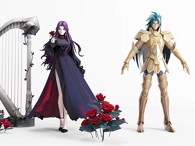 Game Movie Characters Purple Hair Female Dark Gown Blue Hair Male Golden Armor Wings Harp 3d model