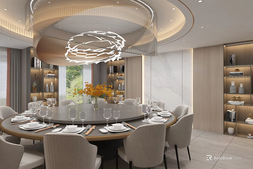 Private Dining Room with Round Table Beige Chairs Modern Chandelier Bookshelves and Marble Walls 3d model 