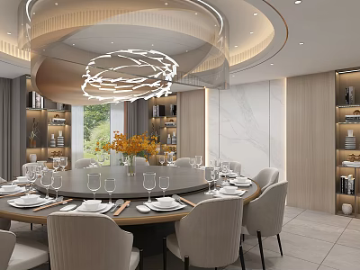 Private Dining Room with Round Table Beige Chairs Modern Chandelier Bookshelves and Marble Walls 3d model