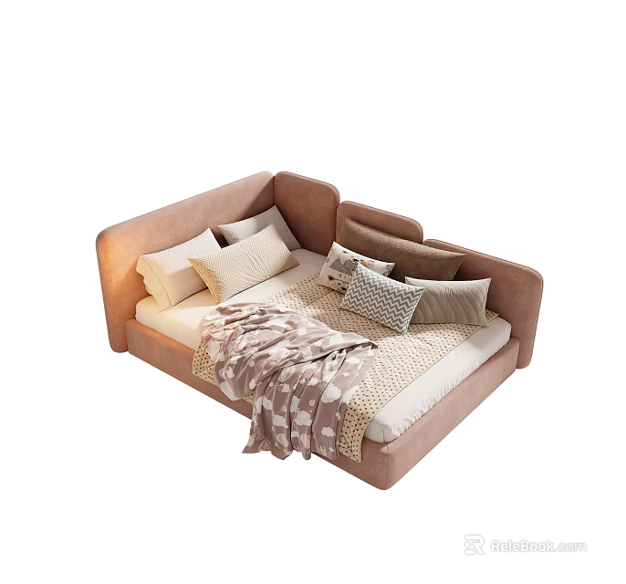 Cozy Kids Bed with Soft Upholstered Headboard Multiple Pillows and Patterned Blanket 3d model 
