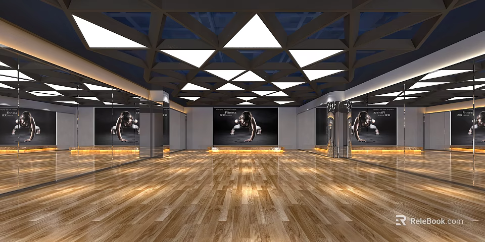 Spacious Fitness Gym Interior With Wooden Floor Mirrored Walls And Ceiling Lights 3d model 
